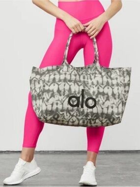 Alo Yoga Canvas Cotton Tie Dye Shopper Tote Bag Grey Double Handles Oversized